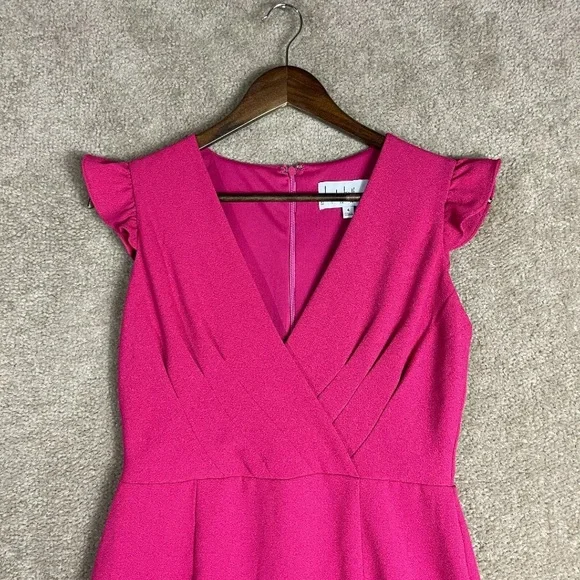 Nicole Miller Sheath Dress NWTSize 4 Pink Ruffle Sleeve V-Neck Stretch Crepe - Picture 5 of 12